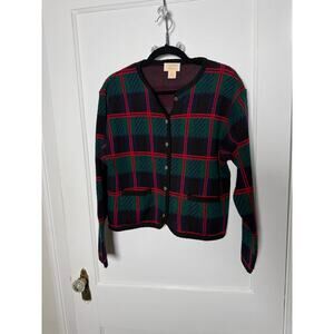 Vintage Tally Ho Red Green Tartan Plaid Grandpa Cardigan Button Sweater Medium